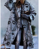 Manteau Long Femme en Laine Col Revers Imprimé - Gray Abstract