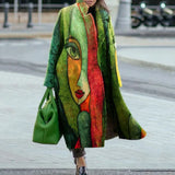 Manteau Long Femme en Laine Col Revers Imprimé - Green Abstract