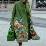 Manteau Long Femme en Laine Col Revers Imprimé - Green Print