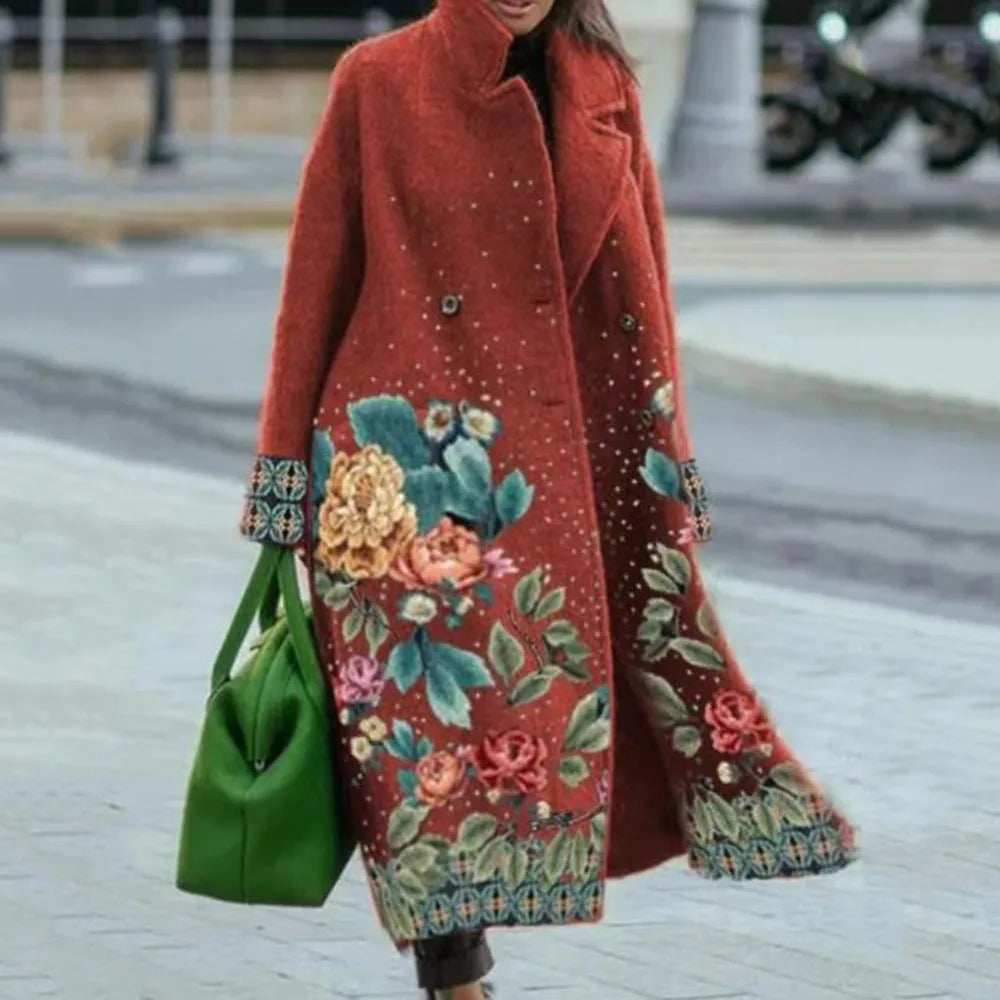 Manteau Long Femme en Laine Col Revers Imprimé - Red Print