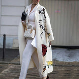 Manteau Long Femme en Laine Col Revers Imprimé - White Print