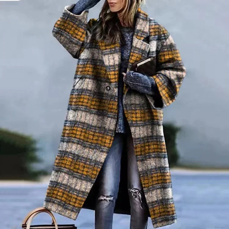 Manteau Long Femme en Laine Col Revers Imprimé - Beige Colorblock
