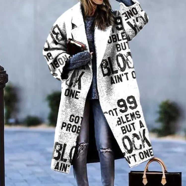 Manteau Long Femme en Laine Col Revers Imprimé