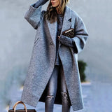Manteau Long Femme en Laine Col Revers Imprimé - Gris