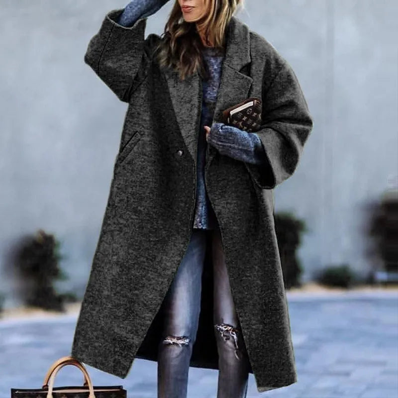 Manteau Long Femme en Laine Col Revers Imprimé - Noir