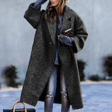 Manteau Long Femme en Laine Col Revers Imprimé - Noir