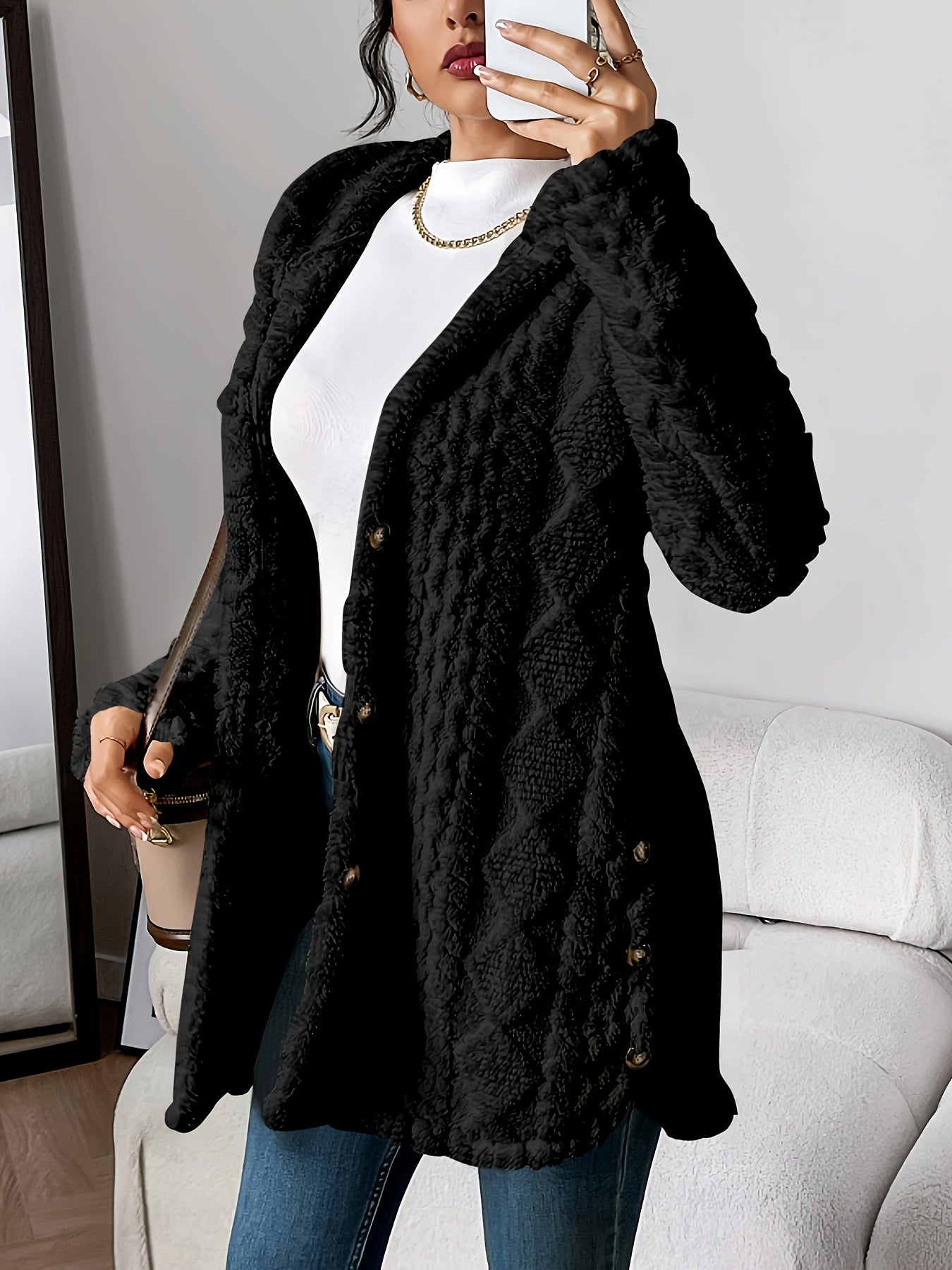 Manteau Peluche Jacquard Femme à Capuche Chaud Épais Cardigan Ouvert Automne Hiver Décontracté