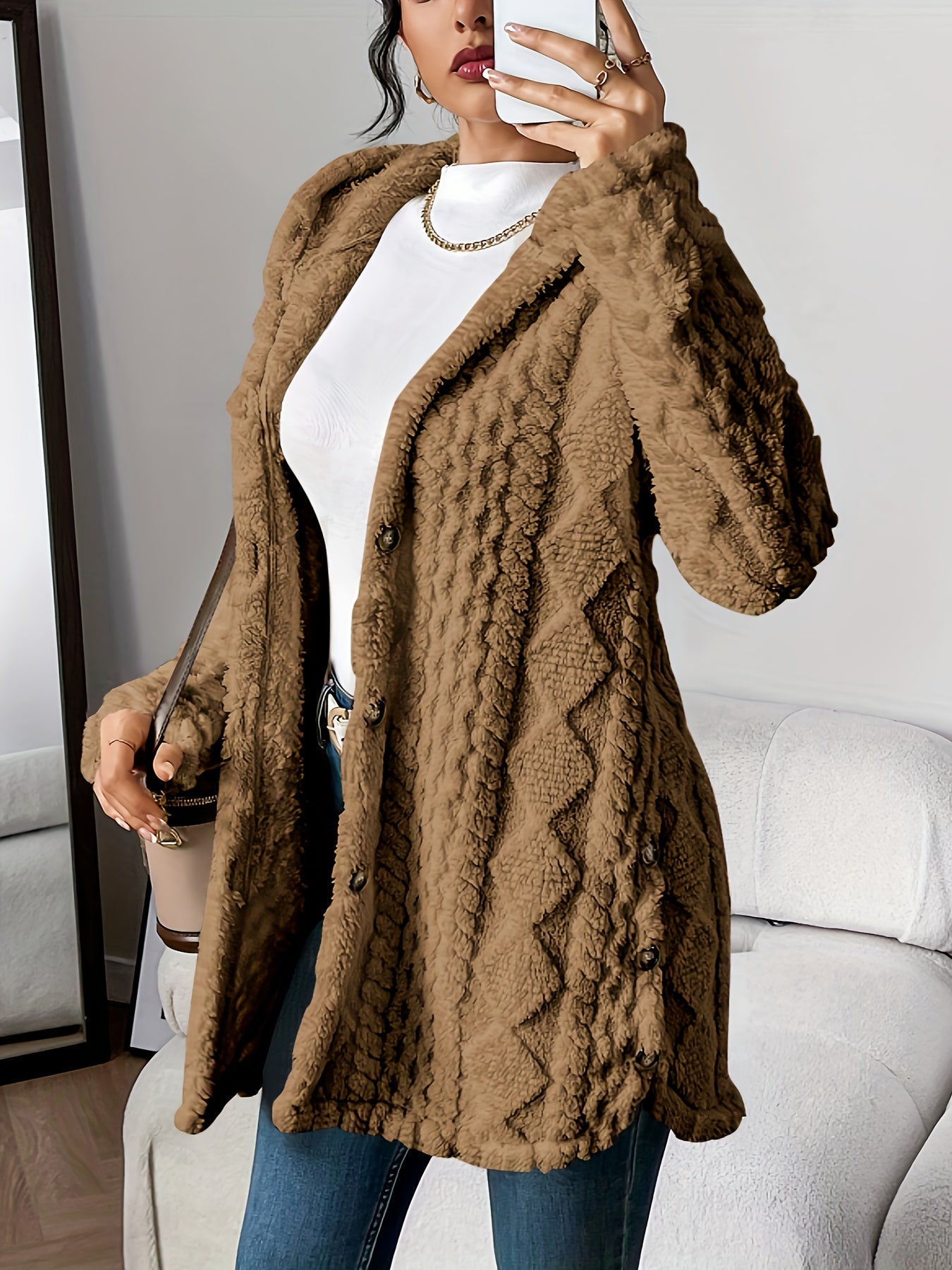 Manteau Peluche Jacquard Femme à Capuche Chaud Épais Cardigan Ouvert Automne Hiver Décontracté