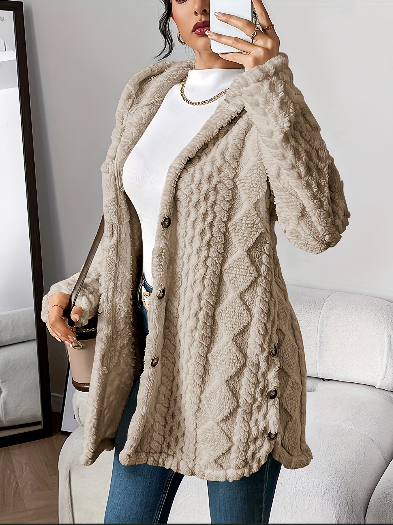 Manteau Peluche Jacquard Femme à Capuche Chaud Épais Cardigan Ouvert Automne Hiver Décontracté