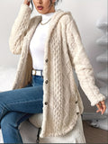 Manteau Peluche Jacquard Femme à Capuche Chaud Épais Cardigan Ouvert Automne Hiver Décontracté