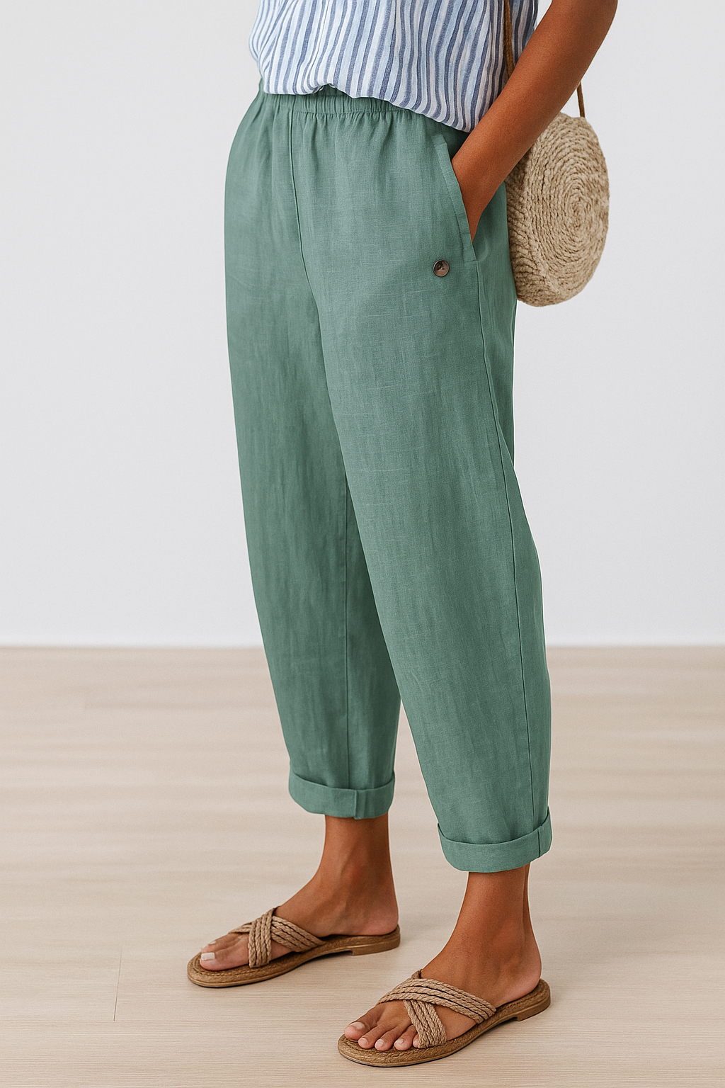 Pantalon droit femme taille élastique poches latérales