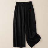 Pantalon en lin femme coupe large taille ajustable - Noir