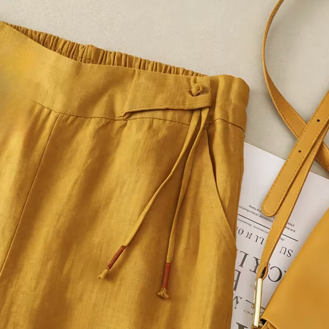 Pantalon en lin femme coupe large taille ajustable