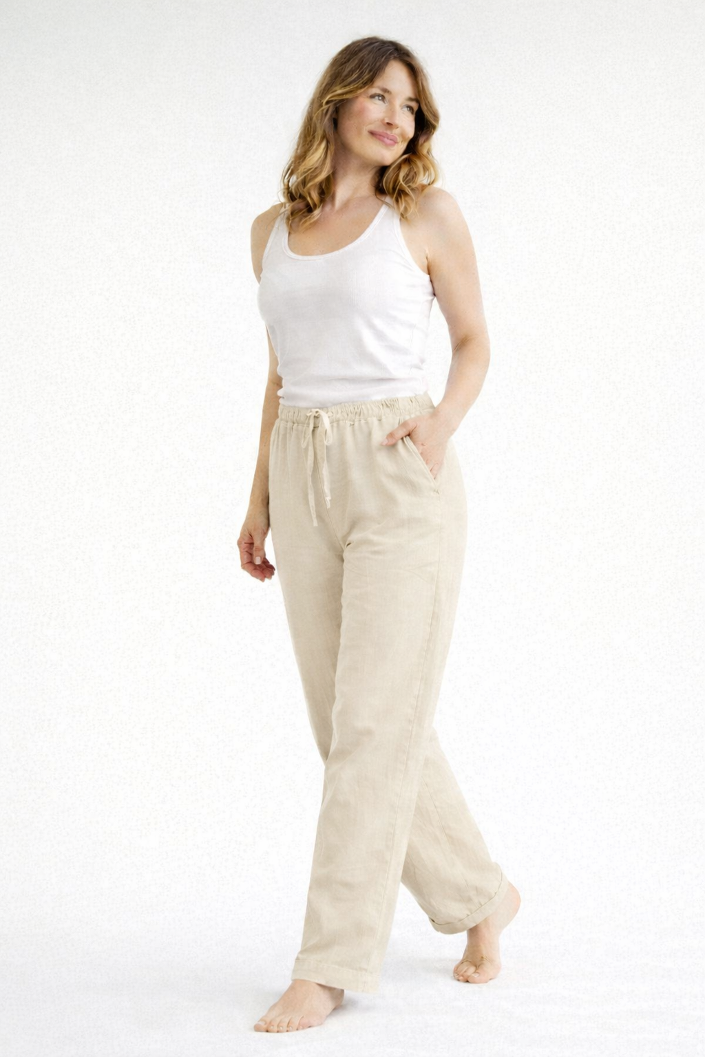Pantalon en lin femme taille élastique coupe ample