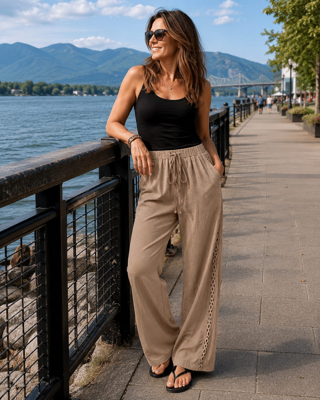 Pantalon fluide femme taille élastique cordon dentelle latérale