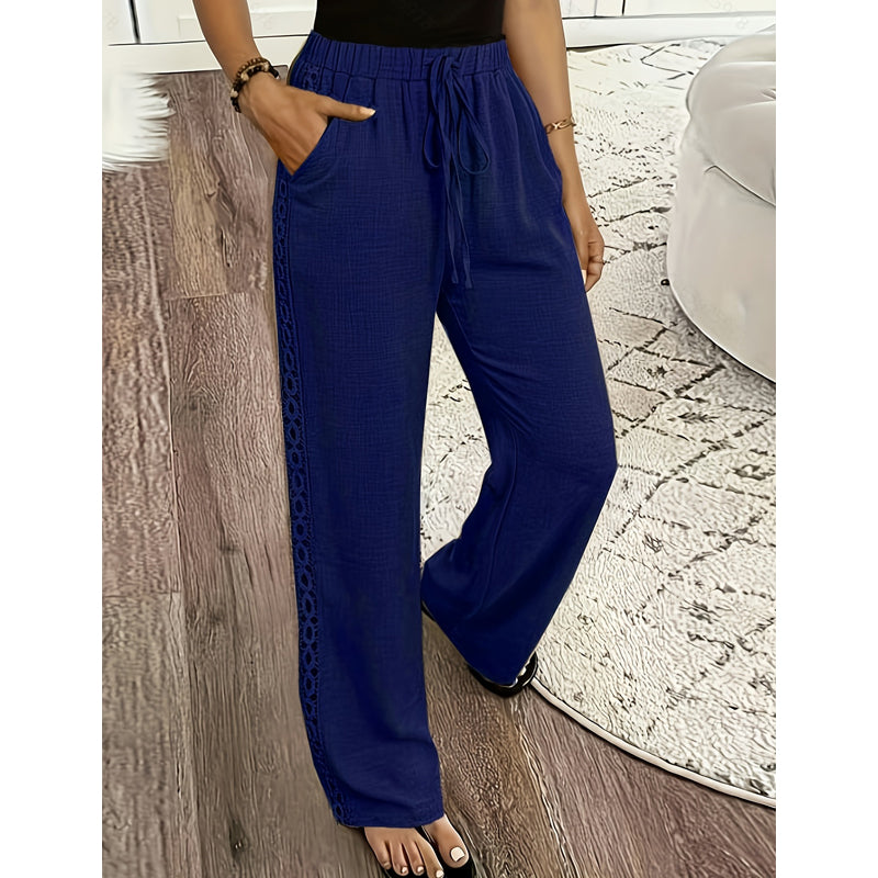 Pantalon fluide femme taille élastique cordon dentelle latérale