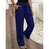 Pantalon fluide femme taille élastique cordon dentelle latérale