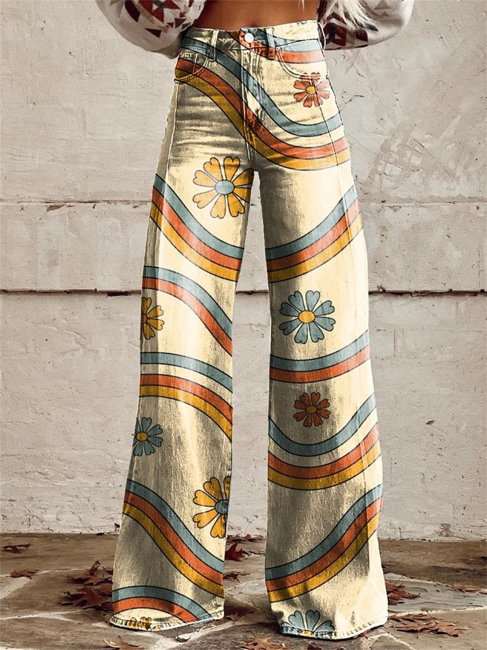 Pantalon large femme rayé - Beige