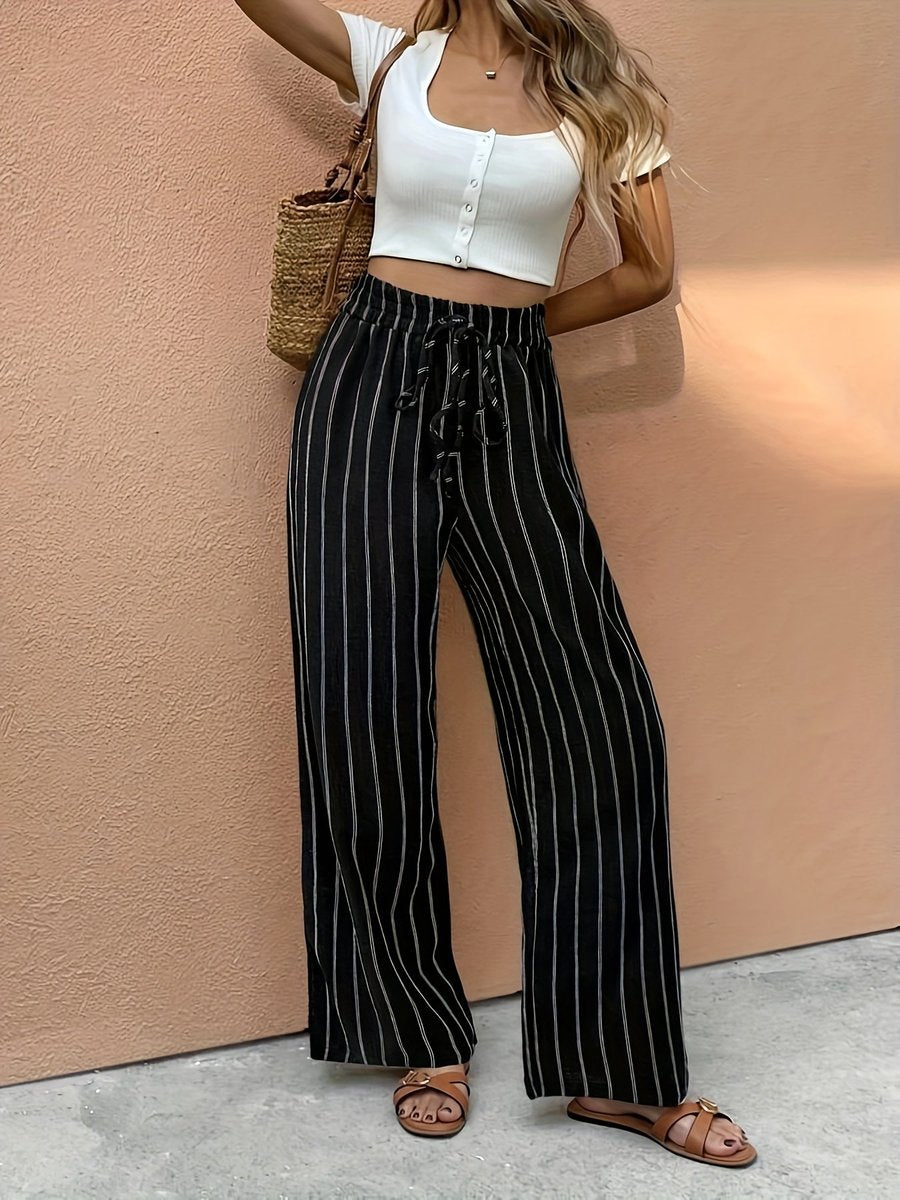 Pantalon Large Rayé Femme Taille Haute Cordon de Serrage
