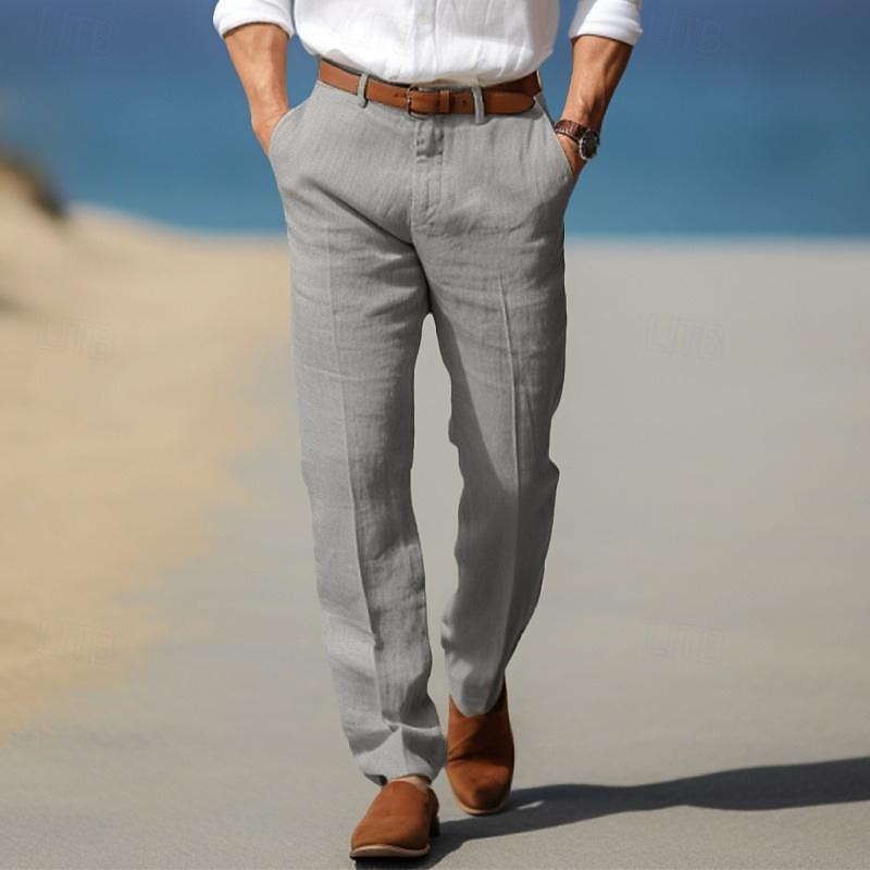 Pantalon Lin Homme Respirant Passants Ceinture Été - Gris