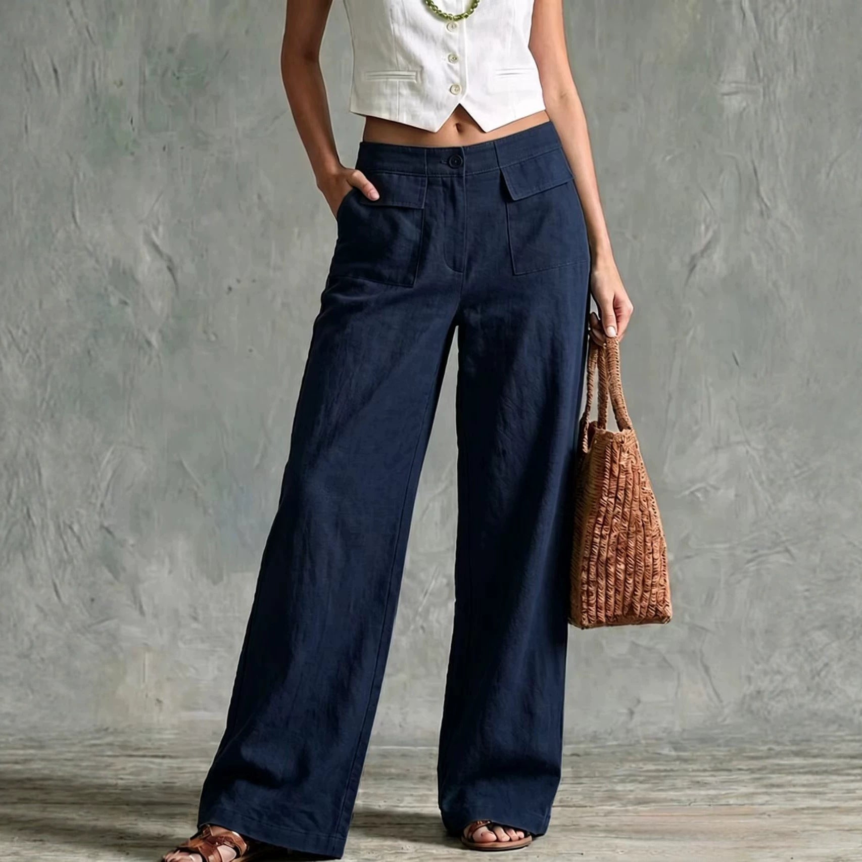 Pantalon taille élastique ample femme uni décontracté