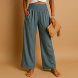 Pantalon taille haute en lin femme, coupe droite décontractée