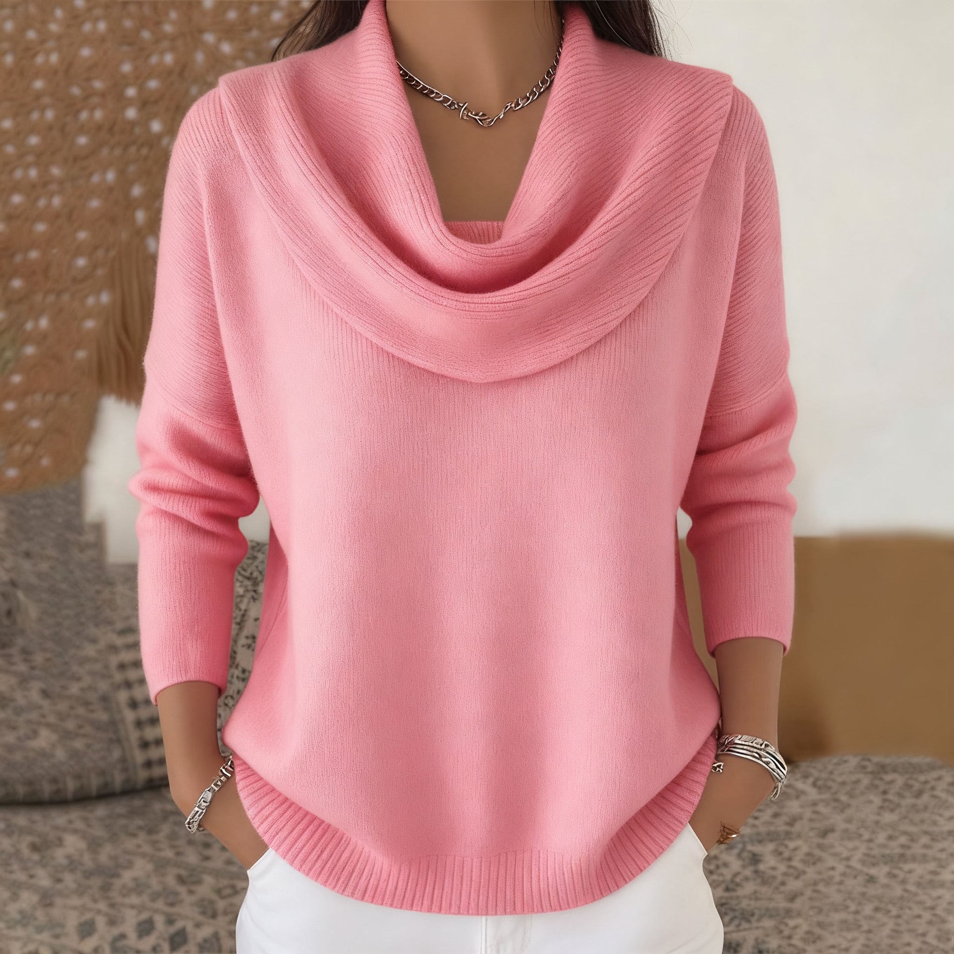 Pull Col Élégant Femme en Coton - Rose