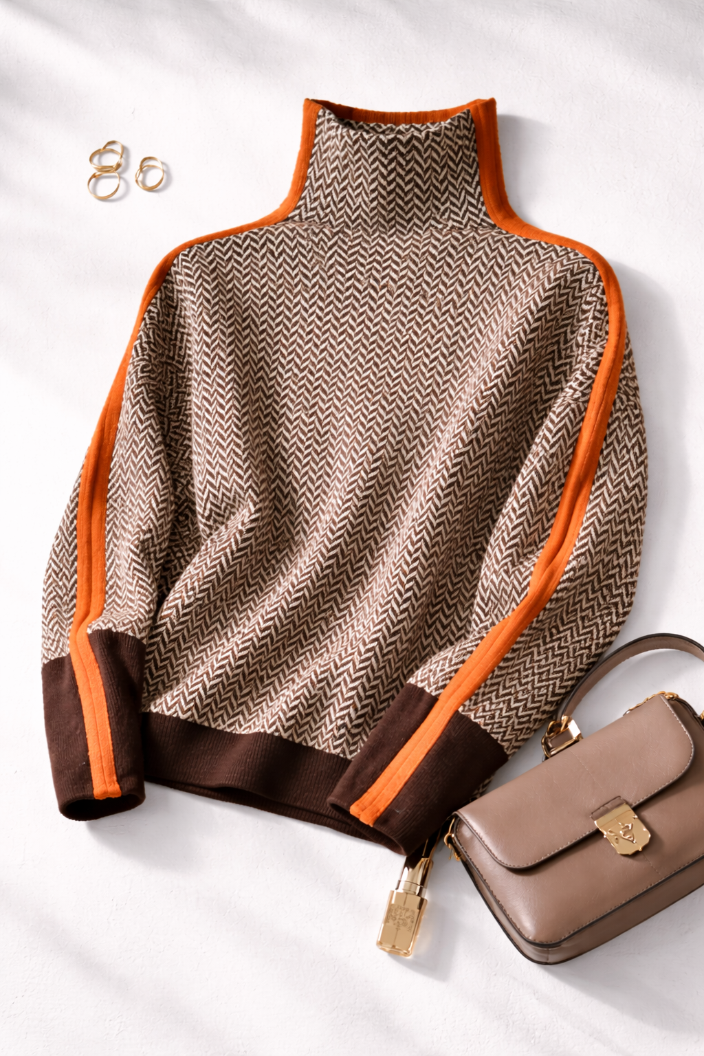 Pull col roulé femme laine cachemire rayures contrastées