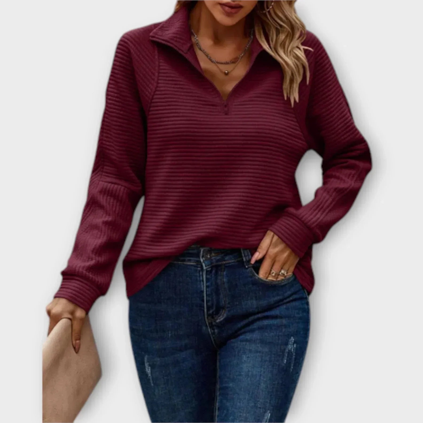 Pull demi-zip col V femme - Rouge