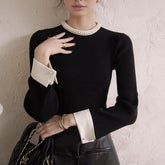 Pull détail perles femme bordure contrastante maille slim fit