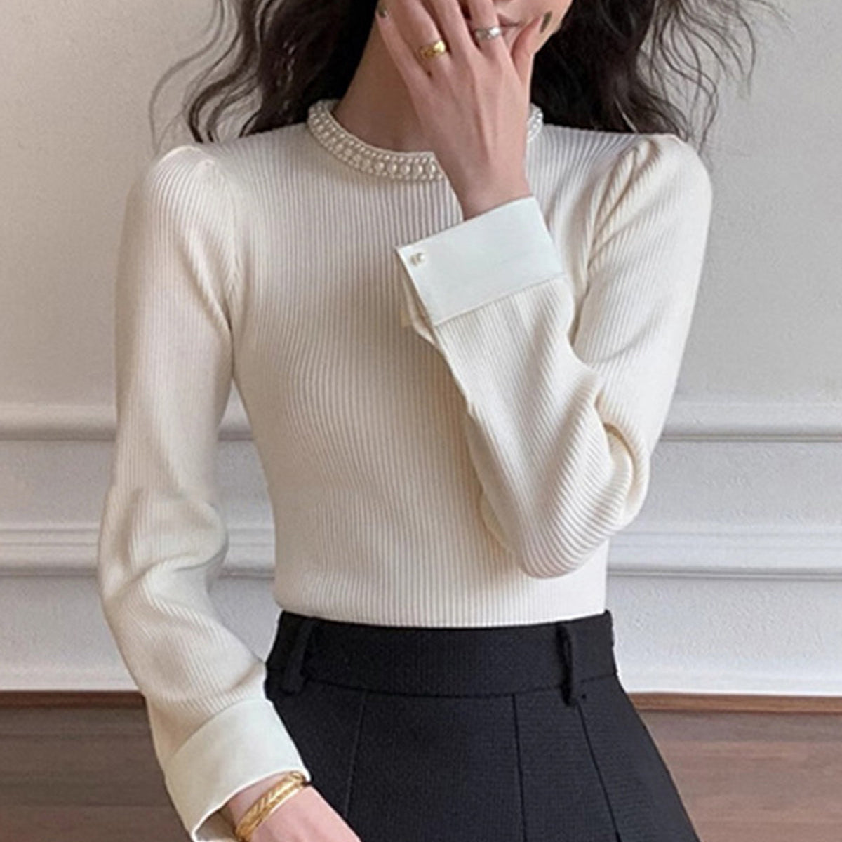 Pull détail perles femme bordure contrastante maille slim fit