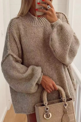 Pull femme chaud col rond maille coupe décontractée - Kaki