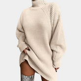 Pull Oversize Femme Col Montant Grosse Maille Côtelée - Abricot