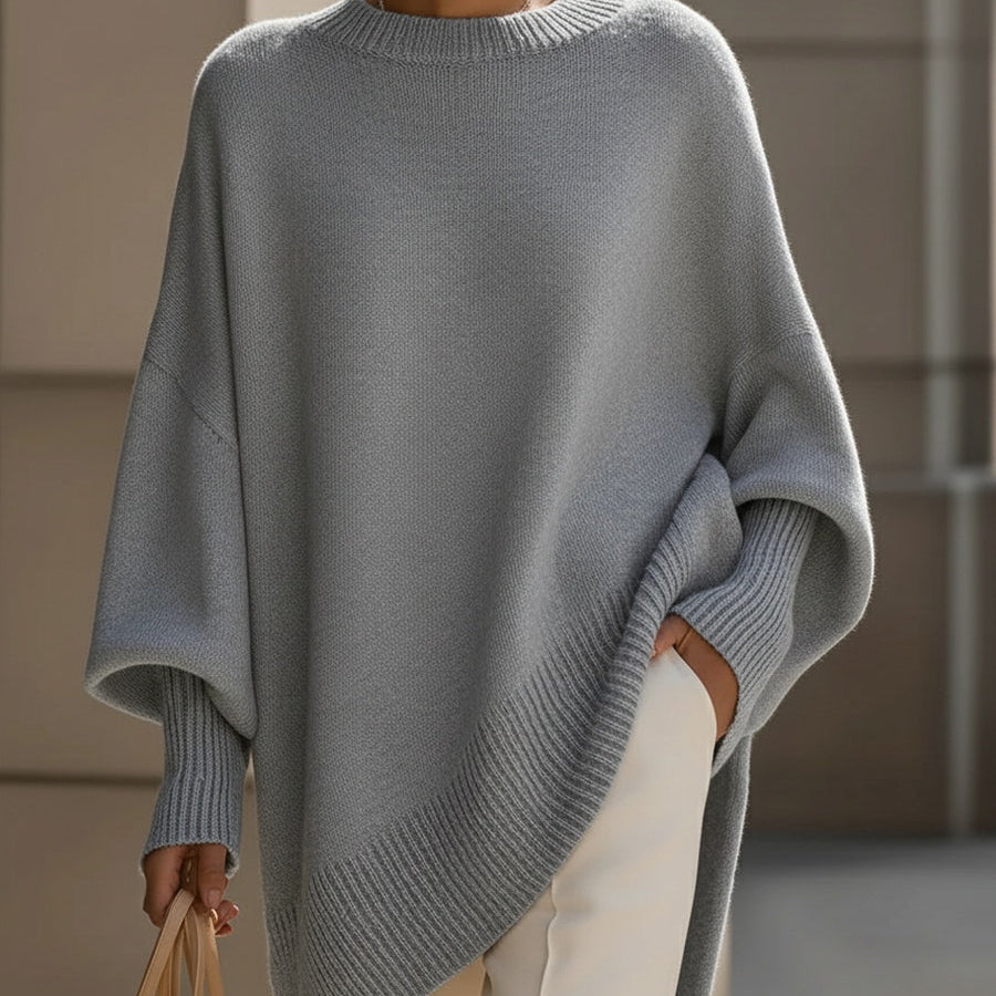 Pull oversize côtelé femme col rond manches larges - Gris