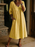 Robe femme col V coton-lin avec dentelle