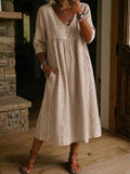 Robe femme col V coton-lin avec dentelle