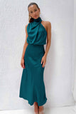 Robe de soirée dos nu en satin col halter femme