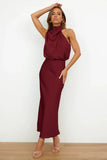 Robe de soirée dos nu en satin col halter femme