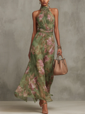 Robe halter fleurie taille marquée jupe fluide