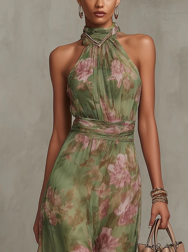 Robe halter fleurie taille marquée jupe fluide