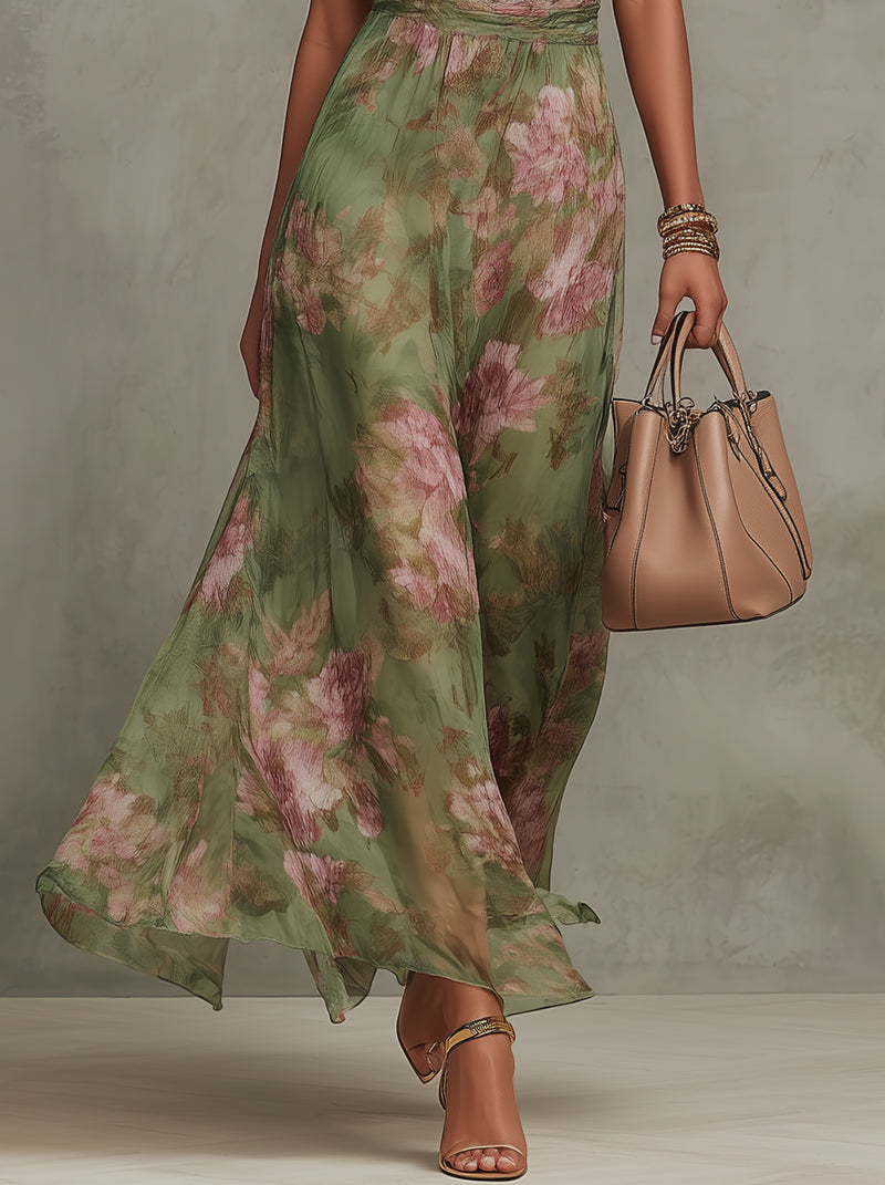 Robe halter fleurie taille marquée jupe fluide