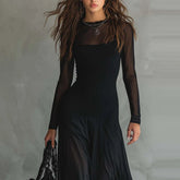 Robe Maxi Femme Gothique Mesh Rayé Ceinture Boucle Chiffon Soirée