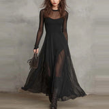 Robe Maxi Femme Gothique Mesh Rayé Ceinture Boucle Chiffon Soirée