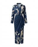Robe maxi portefeuille femme manches longues col V imprimé végétal