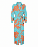 Robe maxi portefeuille femme manches longues col V imprimé végétal