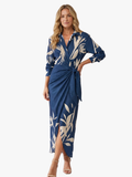 Robe maxi portefeuille femme manches longues col V imprimé végétal