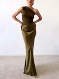 Robe maxi une épaule plissée femme pour soirée et cérémonie