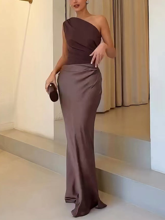 Robe maxi une épaule plissée femme pour soirée et cérémonie