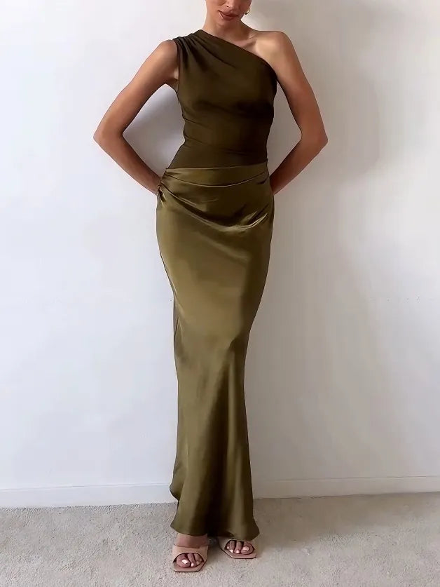 Robe maxi une épaule plissée femme pour soirée et cérémonie