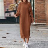 Robe Midi Col Roulé Femme Manches Longues - Marron